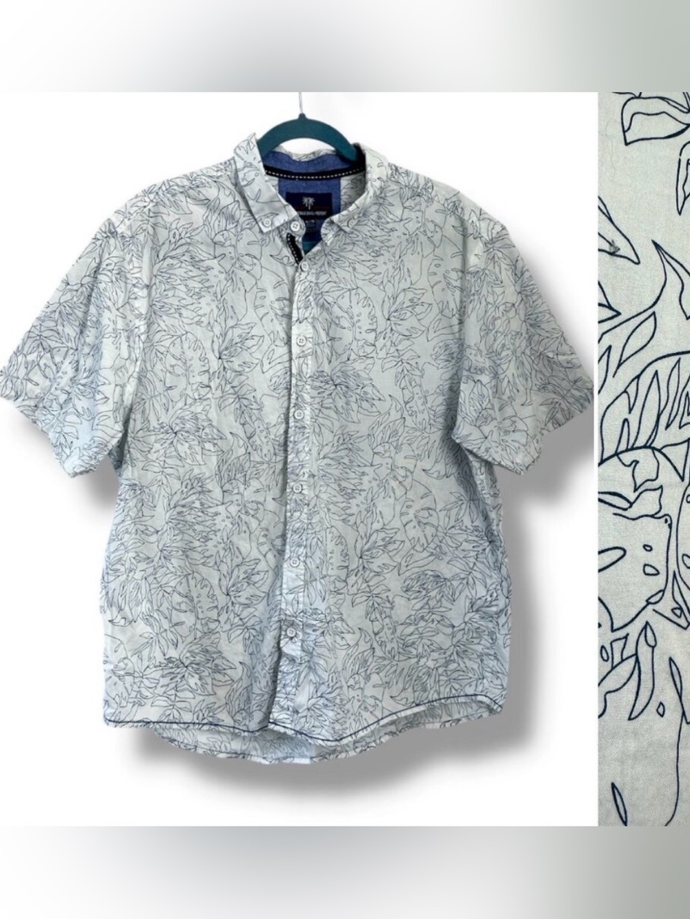 International Report White Blue Palm Print Hawaiian Shirt Mens Sz XL Vacay Beach